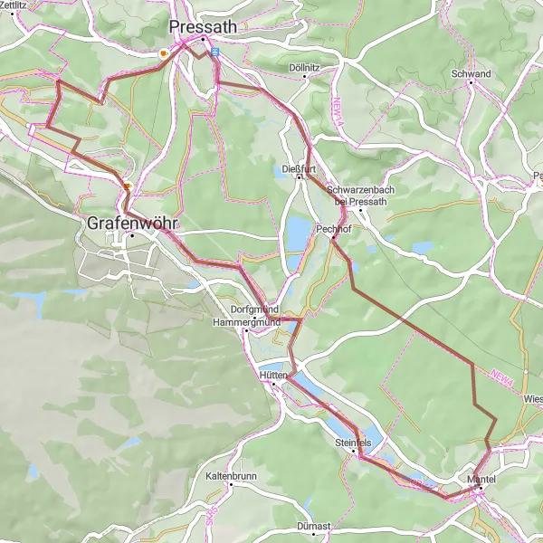 Map miniature of "Beautiful Gravel Ride through Oberpfalz Countryside" cycling inspiration in Oberpfalz, Germany. Generated by Tarmacs.app cycling route planner