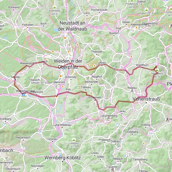 Karten-Miniaturansicht der Radinspiration "Gravel Abenteuer um Weiden in der Oberpfalz" in Oberpfalz, Germany. Erstellt vom Tarmacs.app-Routenplaner für Radtouren