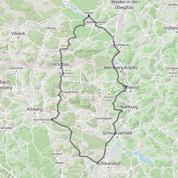 Map miniature of "Scenic Road Loop around Mantel" cycling inspiration in Oberpfalz, Germany. Generated by Tarmacs.app cycling route planner
