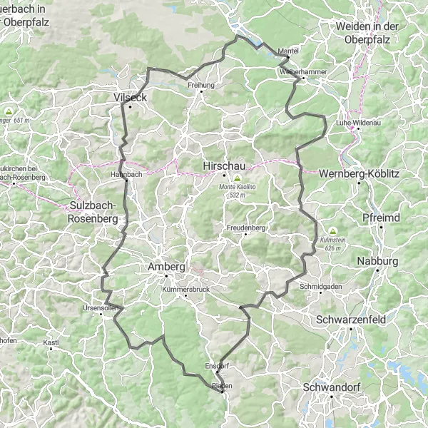 Map miniature of "Challenging Road Cycling Tour through Oberpfalz" cycling inspiration in Oberpfalz, Germany. Generated by Tarmacs.app cycling route planner
