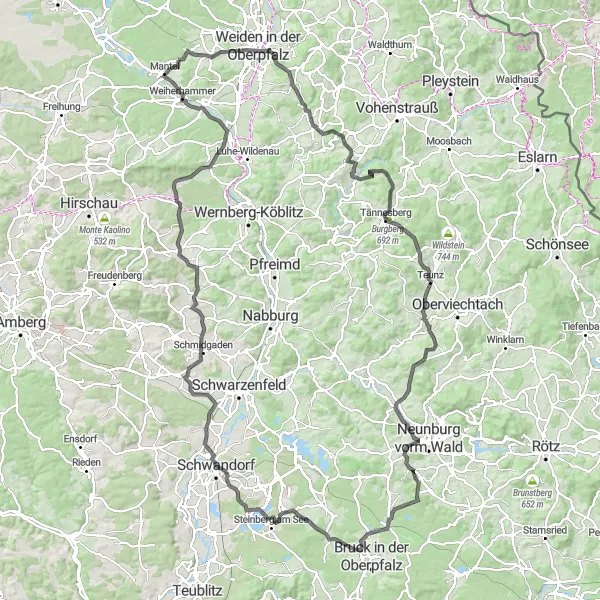Karten-Miniaturansicht der Radinspiration "Weiden in der Oberpfalz Rundfahrt" in Oberpfalz, Germany. Erstellt vom Tarmacs.app-Routenplaner für Radtouren