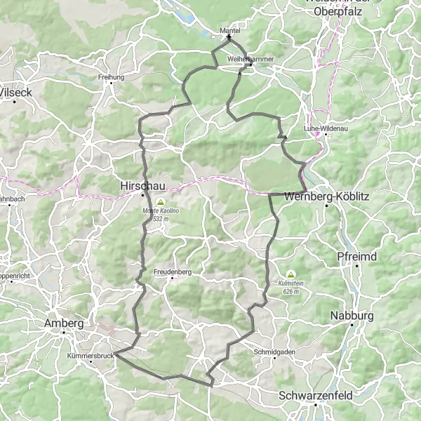 Map miniature of "Schopperhöhe and Weiherhammer Road Route" cycling inspiration in Oberpfalz, Germany. Generated by Tarmacs.app cycling route planner