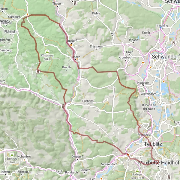 Karten-Miniaturansicht der Radinspiration "Burglengenfeld und Bergpanorama" in Oberpfalz, Germany. Erstellt vom Tarmacs.app-Routenplaner für Radtouren