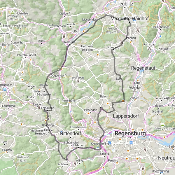 Karten-Miniaturansicht der Radinspiration "Herausforderung und Abenteuer" in Oberpfalz, Germany. Erstellt vom Tarmacs.app-Routenplaner für Radtouren
