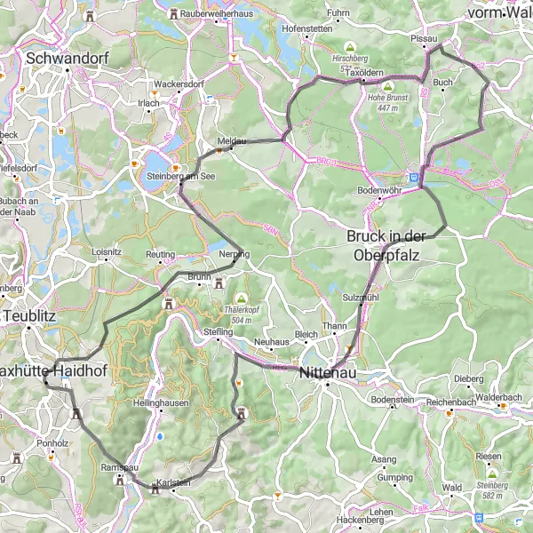 Karten-Miniaturansicht der Radinspiration "Hügelige Straßenrunde durch die Oberpfalz" in Oberpfalz, Germany. Erstellt vom Tarmacs.app-Routenplaner für Radtouren