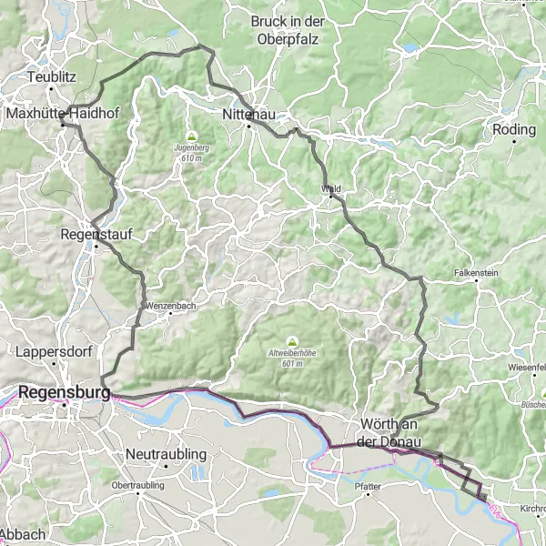 Karten-Miniaturansicht der Radinspiration "Hügeliges Abenteuer rund um Maxhütte-Haidhof" in Oberpfalz, Germany. Erstellt vom Tarmacs.app-Routenplaner für Radtouren