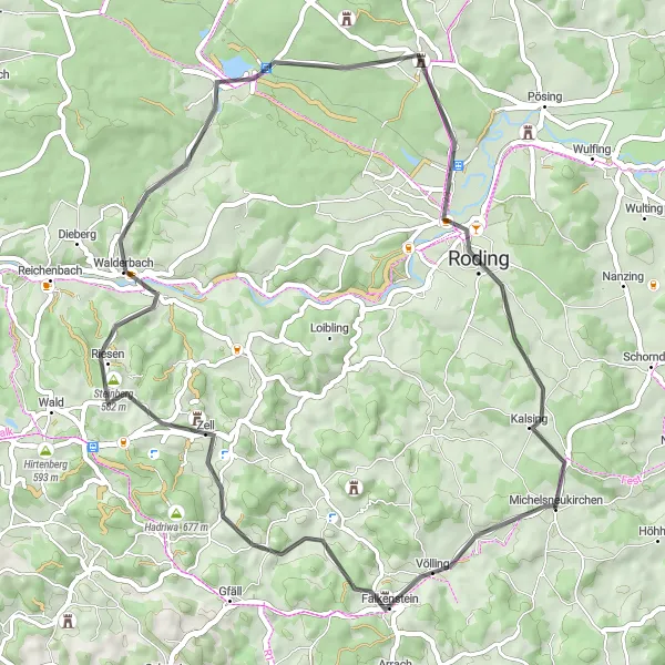 Map miniature of "Burg Falkenstein Loop" cycling inspiration in Oberpfalz, Germany. Generated by Tarmacs.app cycling route planner