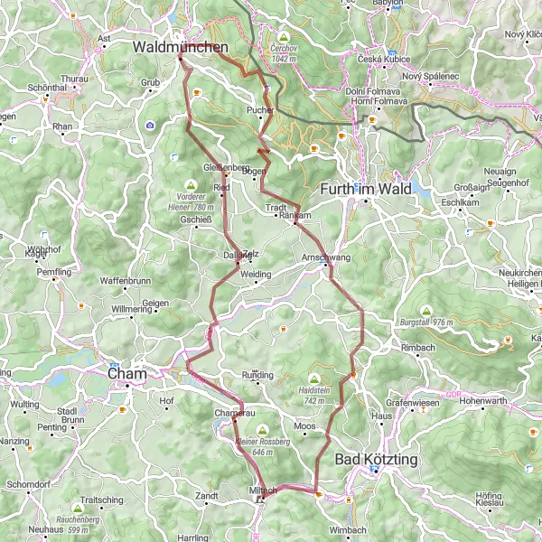 Map miniature of "Gravel Adventure in the Bavarian Forest" cycling inspiration in Oberpfalz, Germany. Generated by Tarmacs.app cycling route planner