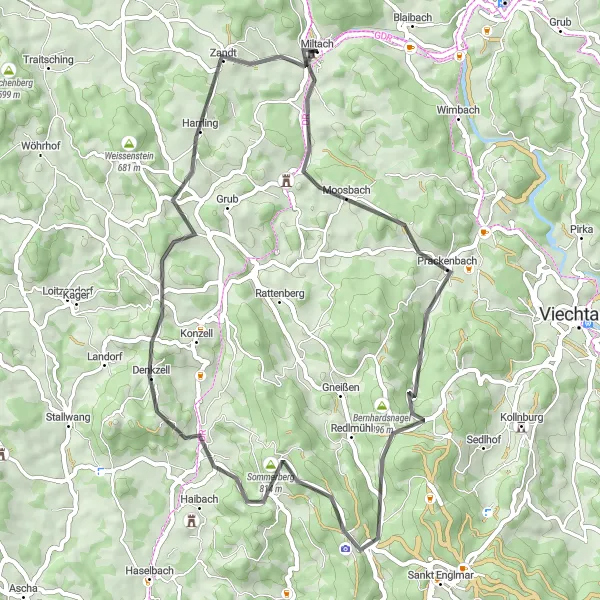 Map miniature of "The Prackenbach Loop" cycling inspiration in Oberpfalz, Germany. Generated by Tarmacs.app cycling route planner