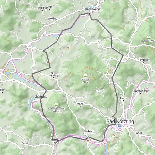 Map miniature of "Runding Loop" cycling inspiration in Oberpfalz, Germany. Generated by Tarmacs.app cycling route planner