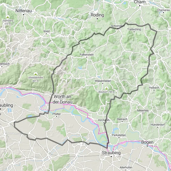 Map miniature of "Exploring Bavarian Forest" cycling inspiration in Oberpfalz, Germany. Generated by Tarmacs.app cycling route planner