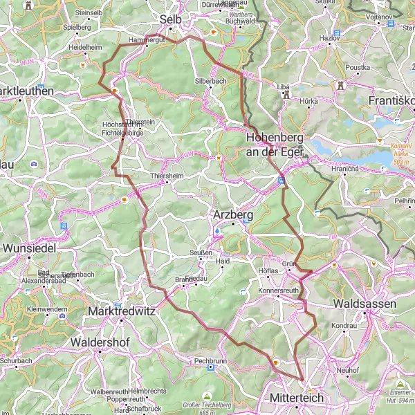 Map miniature of "Fascinating Tour of Oberpfalz Countryside" cycling inspiration in Oberpfalz, Germany. Generated by Tarmacs.app cycling route planner