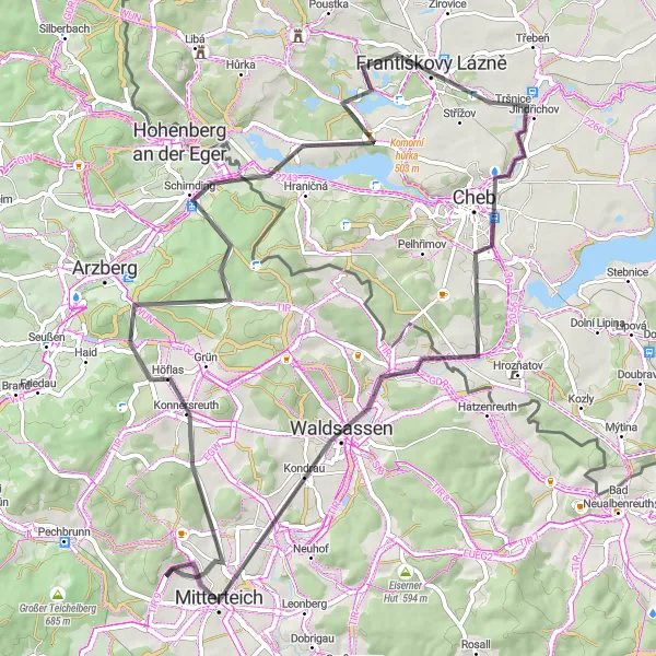 Map miniature of "Exploring the Czech-German Borderland" cycling inspiration in Oberpfalz, Germany. Generated by Tarmacs.app cycling route planner