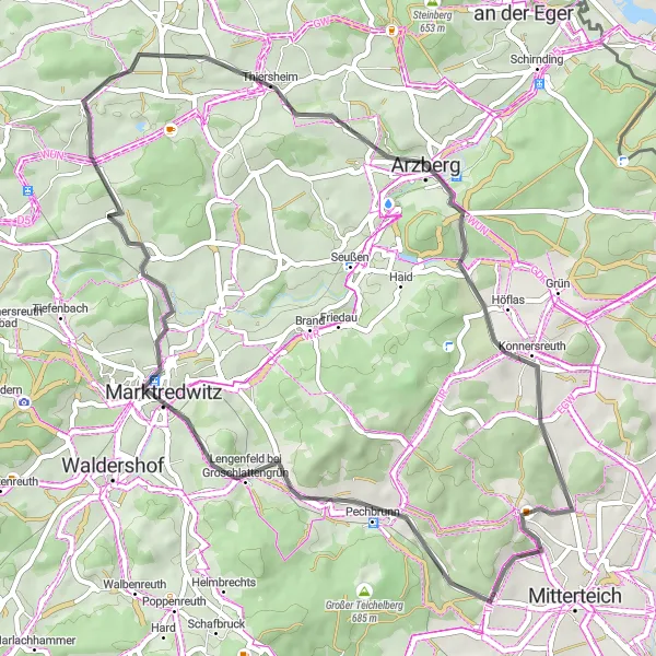 Map miniature of "The Wappenstein Loop" cycling inspiration in Oberpfalz, Germany. Generated by Tarmacs.app cycling route planner