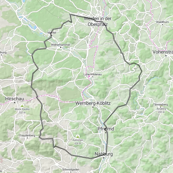 Karten-Miniaturansicht der Radinspiration "Höllenberg und Weiden Erkundung" in Oberpfalz, Germany. Erstellt vom Tarmacs.app-Routenplaner für Radtouren