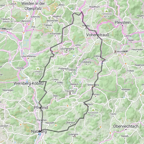 Karten-Miniaturansicht der Radinspiration "Pfreimd - Vohenstrauß - Vogelberg Tour" in Oberpfalz, Germany. Erstellt vom Tarmacs.app-Routenplaner für Radtouren