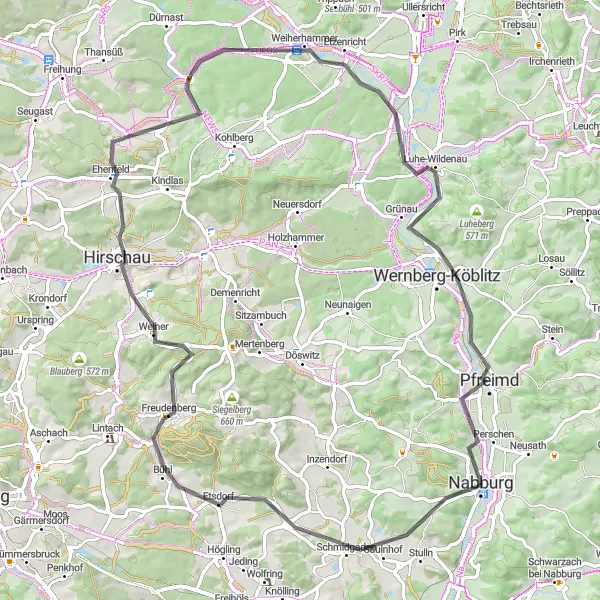 Karten-Miniaturansicht der Radinspiration "Schafbühl - Monte Kaolino - Pfreimd Rundstrecke" in Oberpfalz, Germany. Erstellt vom Tarmacs.app-Routenplaner für Radtouren
