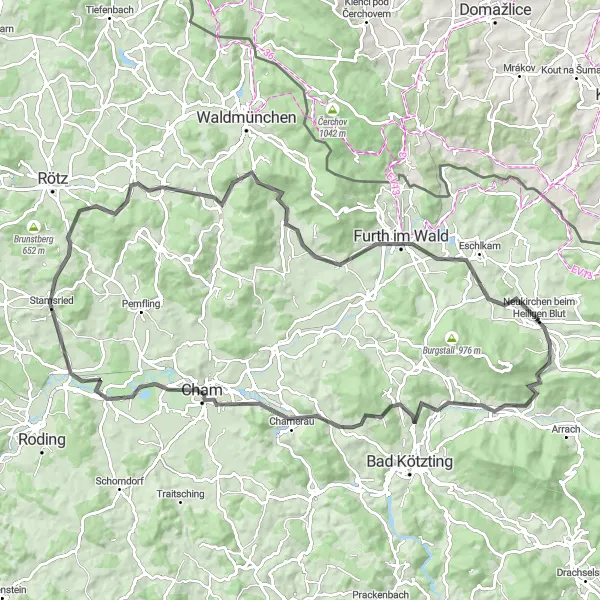 Karten-Miniaturansicht der Radinspiration "Chamerau-Döfering Runde" in Oberpfalz, Germany. Erstellt vom Tarmacs.app-Routenplaner für Radtouren