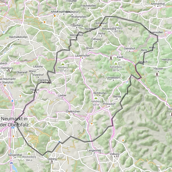 Map miniature of "Neumarkt Ascendancy" cycling inspiration in Oberpfalz, Germany. Generated by Tarmacs.app cycling route planner