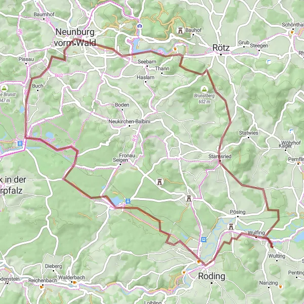 Map miniature of "Neunburg vorm Wald to Roding Gravel Loop" cycling inspiration in Oberpfalz, Germany. Generated by Tarmacs.app cycling route planner