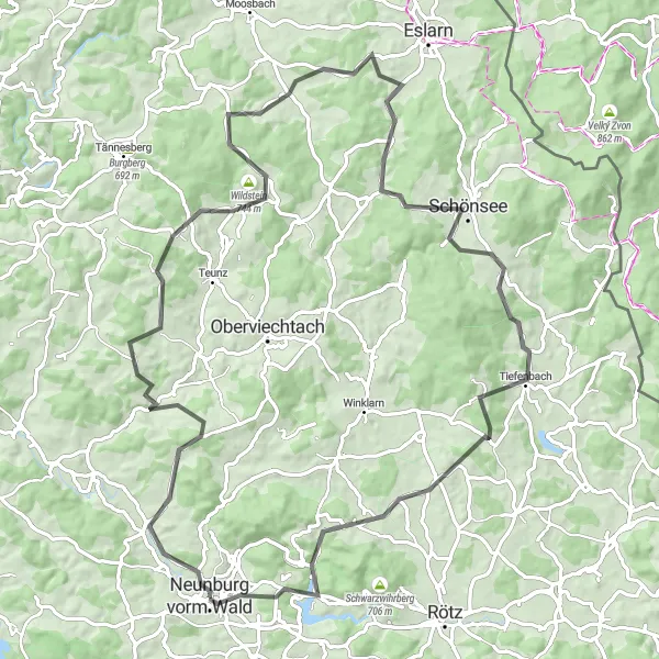 Map miniature of "Road Cycling Adventure from Neunburg vorm Wald" cycling inspiration in Oberpfalz, Germany. Generated by Tarmacs.app cycling route planner