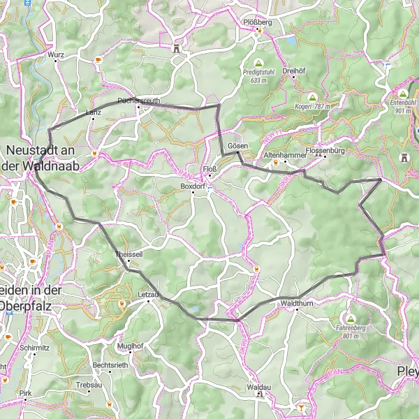 Karten-Miniaturansicht der Radinspiration "Oberpfälzer Landstraßen-Rundtour" in Oberpfalz, Germany. Erstellt vom Tarmacs.app-Routenplaner für Radtouren