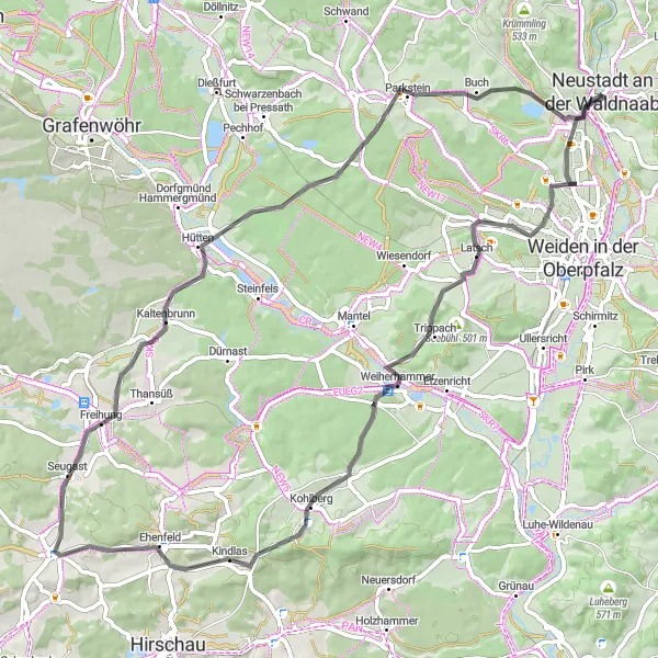 Karten-Miniaturansicht der Radinspiration "Rundweg durch die Oberpfälzer Landschaft" in Oberpfalz, Germany. Erstellt vom Tarmacs.app-Routenplaner für Radtouren