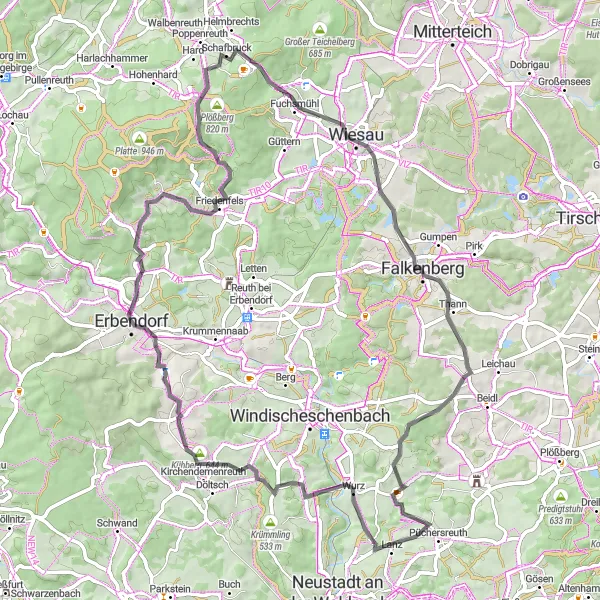 Map miniature of "Mountainous Adventure to Naabberg" cycling inspiration in Oberpfalz, Germany. Generated by Tarmacs.app cycling route planner