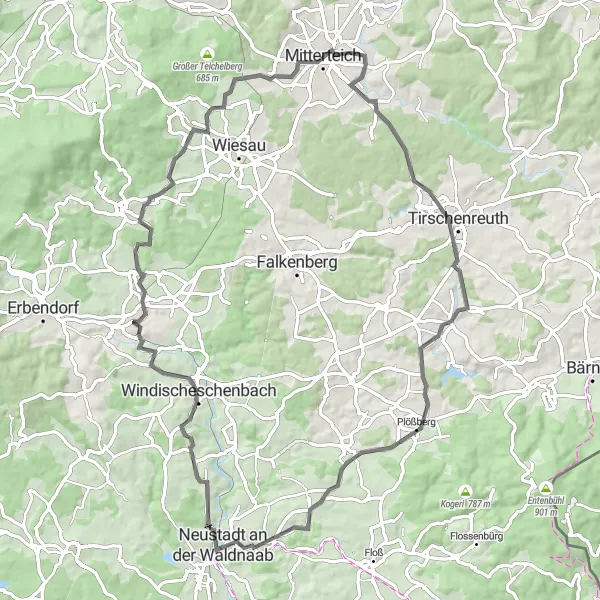 Map miniature of "Challenging Road Cycling Expedition" cycling inspiration in Oberpfalz, Germany. Generated by Tarmacs.app cycling route planner