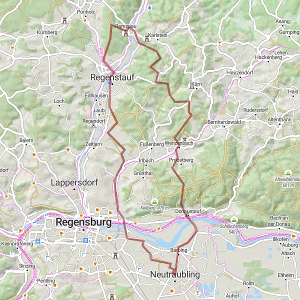 Map miniature of "Gravel Excursion to Donaustauf" cycling inspiration in Oberpfalz, Germany. Generated by Tarmacs.app cycling route planner