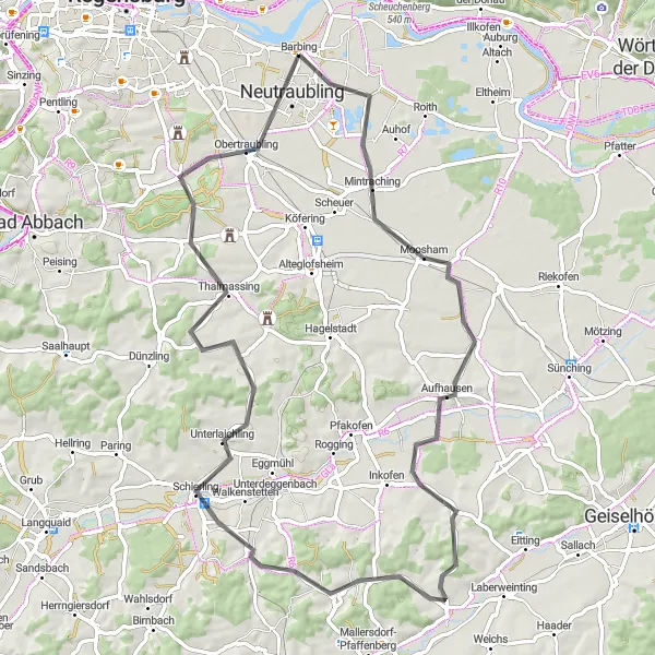 Map miniature of "Donaustauf Circuit" cycling inspiration in Oberpfalz, Germany. Generated by Tarmacs.app cycling route planner