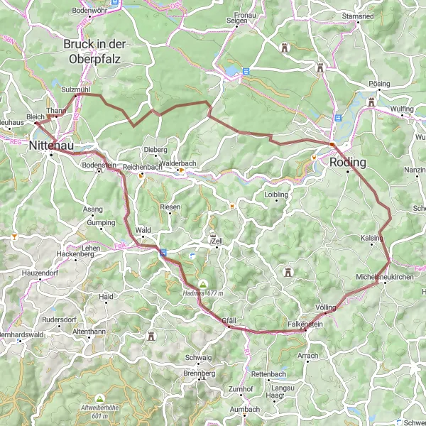 Map miniature of "Rokoko-Kirche and Bodenstein Gravel Adventure" cycling inspiration in Oberpfalz, Germany. Generated by Tarmacs.app cycling route planner