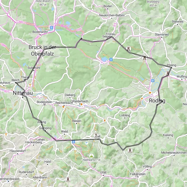 Map miniature of "Discover Bruck and Schwärzenberg Road Route" cycling inspiration in Oberpfalz, Germany. Generated by Tarmacs.app cycling route planner