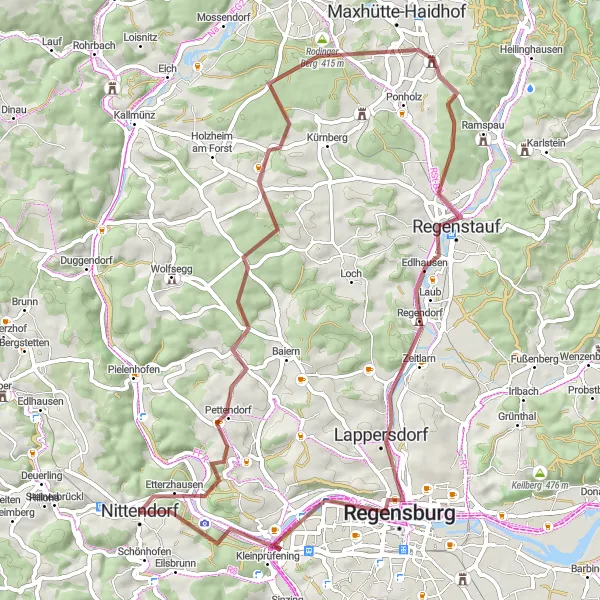 Karten-Miniaturansicht der Radinspiration "Gravel Abenteuer durch Regensburg" in Oberpfalz, Germany. Erstellt vom Tarmacs.app-Routenplaner für Radtouren