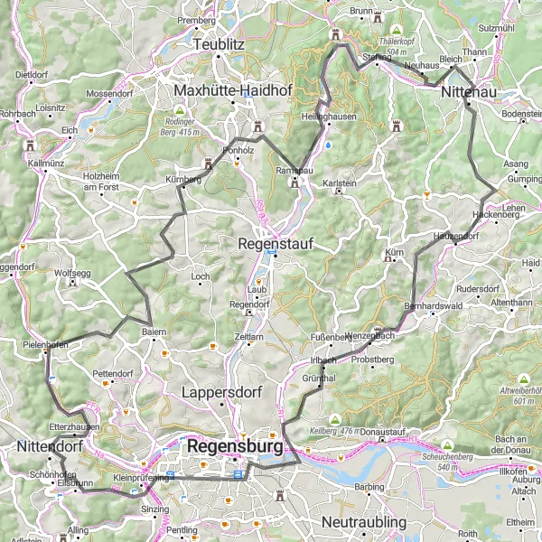 Map miniature of "Nittendorf - Oppersdorf - Adlersberg - Pielenhofen - Labersricht - Pfaffenberg - Leonberg - Hartenhof - Neukirchen-Balbini - Burglengenfeld - Felsenschloss - Altes Schloß - Dezmannsdorf - Sünching - Eggersberg - Scharmassing - Dietkirchen - Wenzenbach - Wening - Hainsacker - Ameisbühl - Gfäll - Wimpasing - Stamsried - Wilting" cycling inspiration in Oberpfalz, Germany. Generated by Tarmacs.app cycling route planner