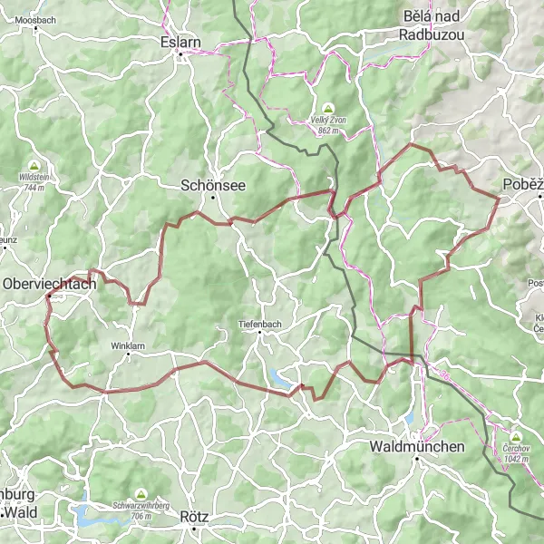 Map miniature of "Scenic Gravel Adventure from Oberviechtach to Novosedly" cycling inspiration in Oberpfalz, Germany. Generated by Tarmacs.app cycling route planner