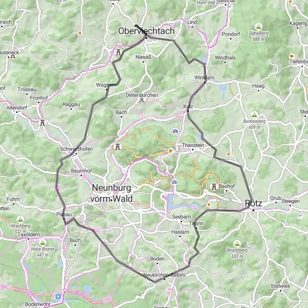 Map miniature of "Oberviechtach to Rötz Loop" cycling inspiration in Oberpfalz, Germany. Generated by Tarmacs.app cycling route planner