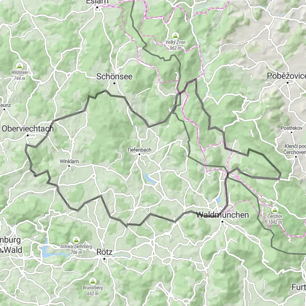 Karten-Miniaturansicht der Radinspiration "Gaisthal und Waldmünchen Fahrradtour" in Oberpfalz, Germany. Erstellt vom Tarmacs.app-Routenplaner für Radtouren