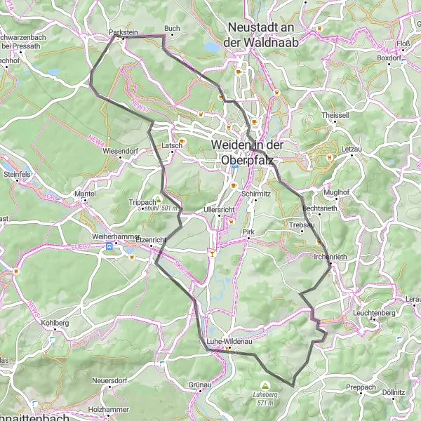 Karten-Miniaturansicht der Radinspiration "Die Hügel und Täler-Tour" in Oberpfalz, Germany. Erstellt vom Tarmacs.app-Routenplaner für Radtouren