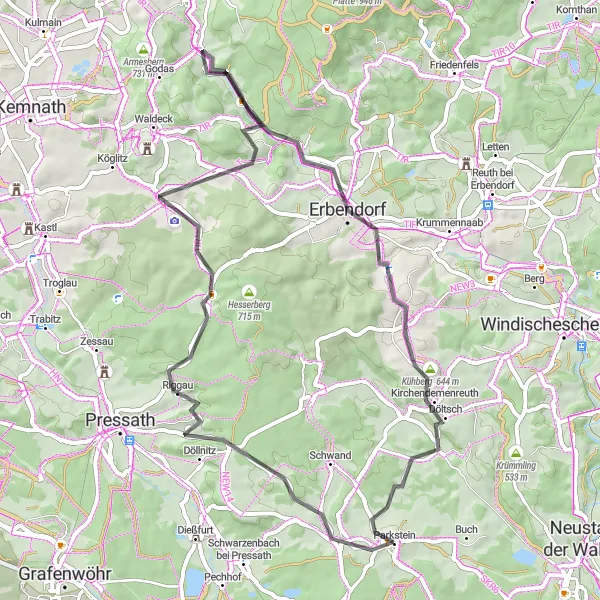 Map miniature of "The Road Journey to Fuchsmühl" cycling inspiration in Oberpfalz, Germany. Generated by Tarmacs.app cycling route planner
