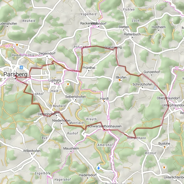 Map miniature of "Parsberg Gravel Loop" cycling inspiration in Oberpfalz, Germany. Generated by Tarmacs.app cycling route planner