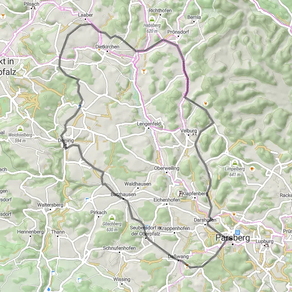 Map miniature of "Parsberg and Deining Castle Loop" cycling inspiration in Oberpfalz, Germany. Generated by Tarmacs.app cycling route planner