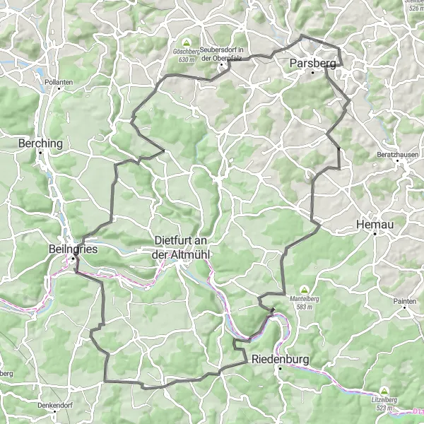 Map miniature of "Scenic Road Cycling Loop near Parsberg" cycling inspiration in Oberpfalz, Germany. Generated by Tarmacs.app cycling route planner