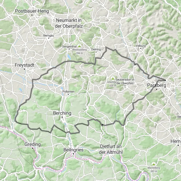 Map miniature of "Parsberg - Distinctive, unique cycling route" cycling inspiration in Oberpfalz, Germany. Generated by Tarmacs.app cycling route planner