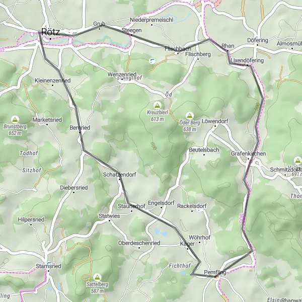 Karten-Miniaturansicht der Radinspiration "Bergpanorama um Pemfling" in Oberpfalz, Germany. Erstellt vom Tarmacs.app-Routenplaner für Radtouren