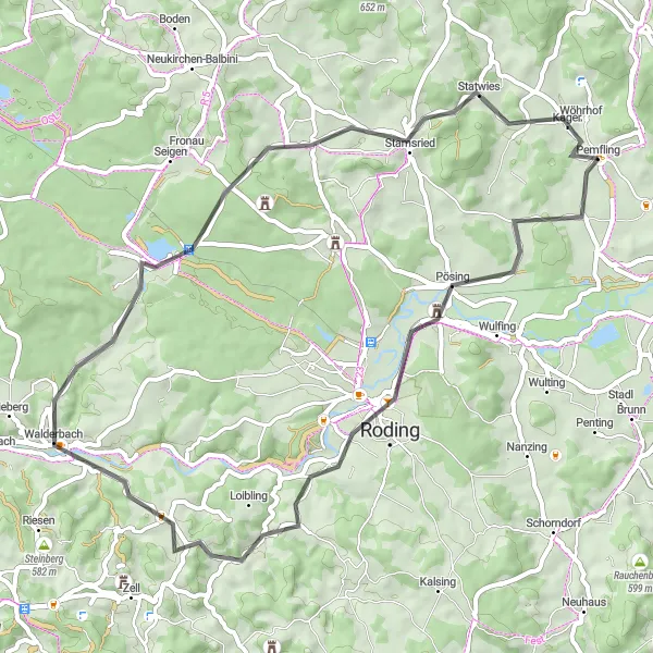 Karten-Miniaturansicht der Radinspiration "Rundtour nach Pösing und Roding" in Oberpfalz, Germany. Erstellt vom Tarmacs.app-Routenplaner für Radtouren