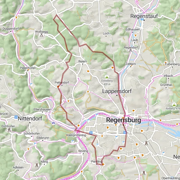 Map miniature of "Pentling Adventure" cycling inspiration in Oberpfalz, Germany. Generated by Tarmacs.app cycling route planner