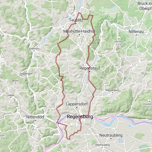 Map miniature of "Gravel Challenge - Regensburg Exploration" cycling inspiration in Oberpfalz, Germany. Generated by Tarmacs.app cycling route planner