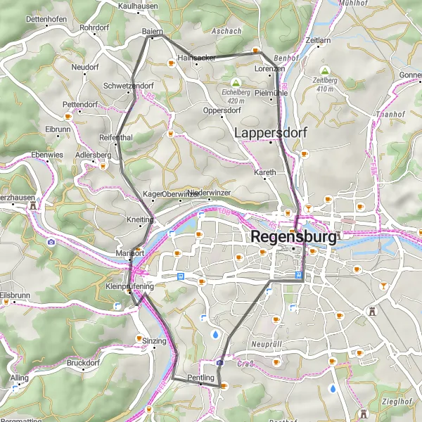 Map miniature of "Regensburg Highlights" cycling inspiration in Oberpfalz, Germany. Generated by Tarmacs.app cycling route planner