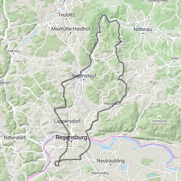 Karten-Miniaturansicht der Radinspiration "Panoramablick und Kultur in Regensburg" in Oberpfalz, Germany. Erstellt vom Tarmacs.app-Routenplaner für Radtouren